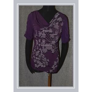 The Limited Purple Abstract Floral Print Cowl Neck Ruched Sleeve Blouse SZ M